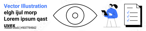Vision, productivity, data analysis, task management, digital organization, observation. Minimalist design with an eye, checklist and a person with a tablet. Vision and productivity symbol concepts
