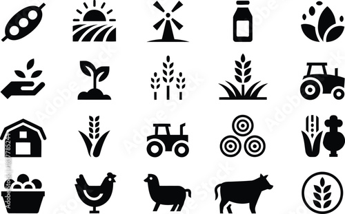 Collection of twenty stylized black and white flat icons representing various aspects of agriculture and farming including crops animals and machinery
