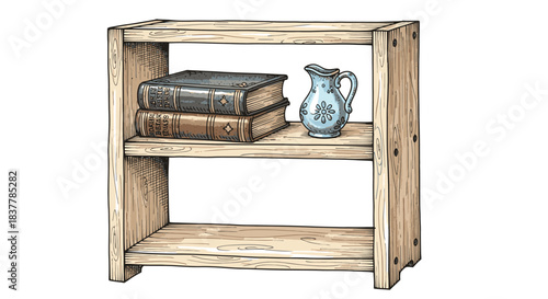 A charming hand-drawn illustration depicts a rustic wooden two-shelf bookcase holding two vintage books and an ornate ceramic pitcher, perfect for home decor concepts.