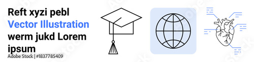 Education, technology, medical science, healthcare innovation, global systems, modern communication. Academic cap, globe with connections and heart diagram. Education and technology concepts