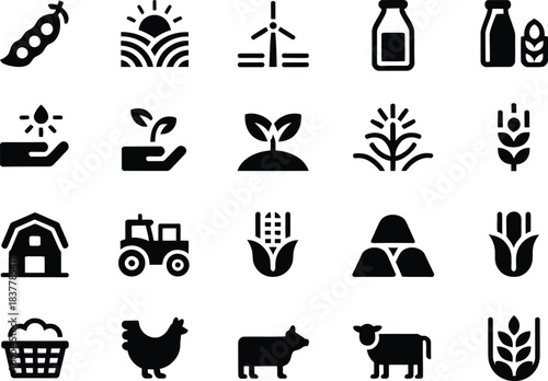 Collection of agricultural icons representing farming food production and rural life including crops livestock and machinery on a white background