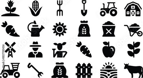 Collection of silhouette icons representing agriculture farming and rural life with crops animals and equipment on a white background