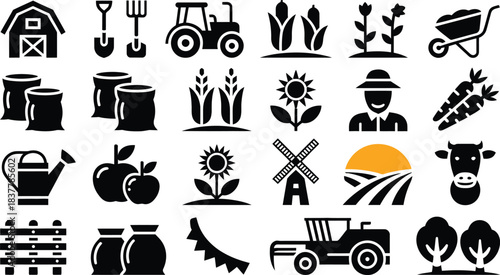 Collection of black silhouette icons representing farming agriculture livestock and rural life including barn tractor crops animals and tools