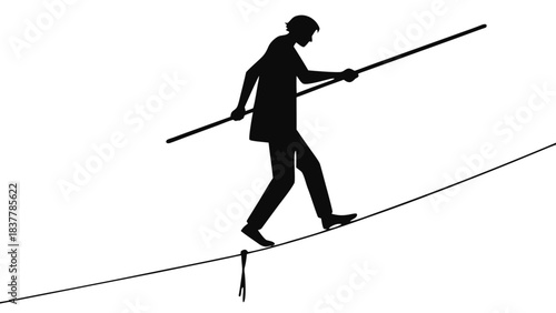 Silhouette of Tightrope Walker Balancing on Wire Illustration, A black and white silhouette illustration of a person carefully balancing on a tightrope while holding a long balancing pole.