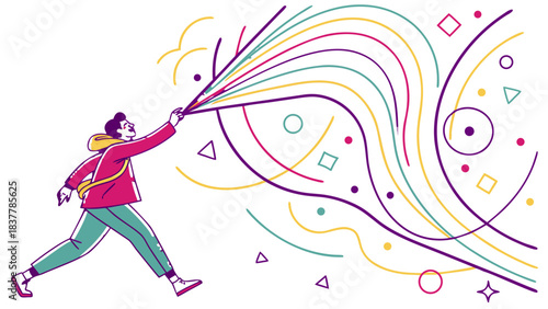 Creative Man Painting Abstract Rainbow Swirls Illustration, A whimsical line art illustration of a man gesturing with his hand, from which colorful abstract lines, rainbows, and geometric shapes flow.
