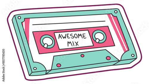 Retro "Awesome Mix" Cassette Tape Sticker, A retro cartoon illustration of a pink and teal cassette tape with a label that says "AWESOME MIX," rendered as a sticker with a white border.