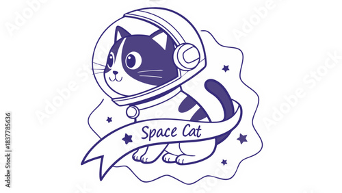 Kawaii Space Cat Astronaut Sticker,  A cute cartoon illustration of a cat wearing an astronaut helmet and suit, sitting on a banner that reads "Space Cat," with stars and a planet in the background.