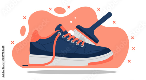 A modern flat vector illustration depicting the essential maintenance and care of a navy blue athletic sneaker. A cleaning brush is actively scrubbing the shoe, symbolizing shoe detailing services, re