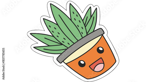 Kawaii Succulent Plant in Pot Sticker, A cute cartoon illustration of a green succulent plant in an orange pot with a happy face, rendered as a sticker with a white border.