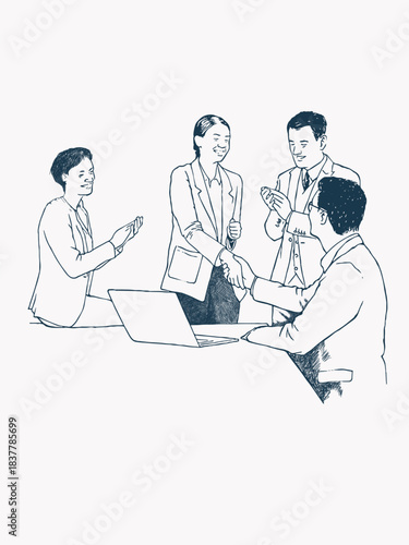 Hand drawn black and white illustration of business people discussing work, vector