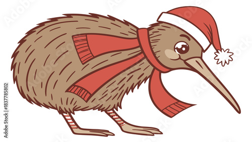 Cute Kiwi Bird Wearing Santa Hat and Scarf, Christmas Illustration, A vector illustration of a cute brown kiwi bird wearing a red Santa hat and a striped scarf.