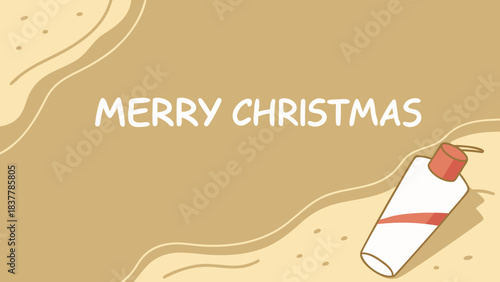Merry Christmas Beach Scene with Sunscreen and Sand, A flat vector illustration of a sandy beach with the text "MERRY CHRISTMAS" and a bottle of sunscreen.