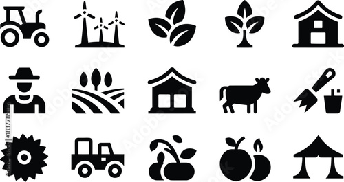 Collection of black silhouette icons representing agriculture farming livestock and renewable energy sources on a white background