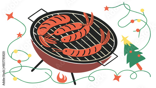 Christmas Barbecue Grill with Shrimps and Decorations, Vector, A flat vector illustration of a barbecue grill cooking shrimps, decorated with Christmas lights and a small tree.