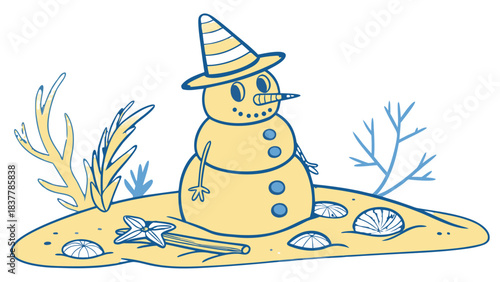 Cartoon Snowman on a Sandy Beach with Party Hat and Shells, A whimsical cartoon illustration of a snowman wearing a party hat, sitting on a sandy beach surrounded by shells and coral.