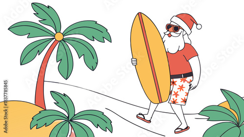 Cartoon Santa Claus Surfing on Tropical Beach with Palm Trees, A cartoon illustration of Santa Claus wearing sunglasses and board shorts, carrying a surfboard on a tropical beach with palm trees