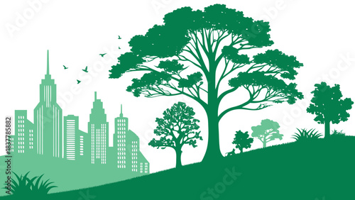 Eco-Friendly Cityscape and Nature Harmony Silhouette,  A green silhouette illustration showing a modern city skyline seamlessly integrated with a large tree and rolling hills, symbolizing harmony betw