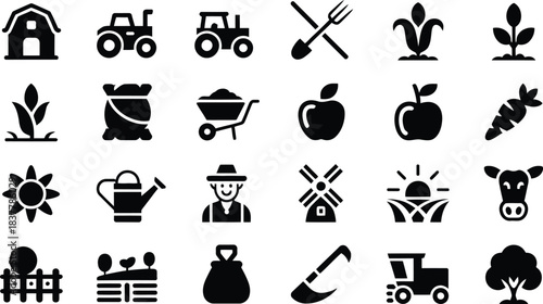 Collection of black silhouette icons representing agriculture farming and rural life including barns tractors crops and animals on a white background