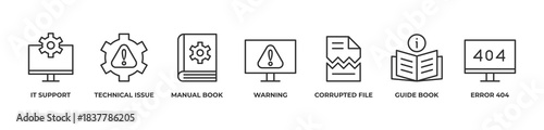 Tech Support Hub  Icons set vector illustration outline with It support, Technical issue, Manual book, Warning, Corrupted file, Guide book, Error 404