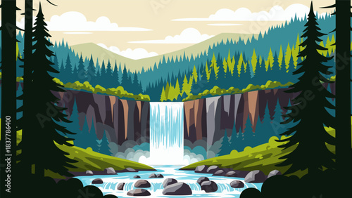 Spectacular waterfall cascading down rugged cliffs into a pristine forest river, surrounded by lush green trees and rolling hills under a clear sky