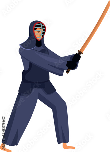 Kendo fighter with protective equipment is practicing martial art with shinai, a bamboo sword used for training