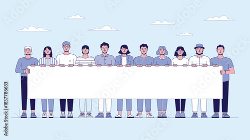 Diverse Group Holding Blank Banner Illustration in Front of Sky with Clouds