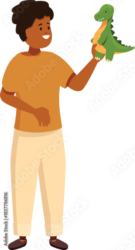 Smiling boy playing with plush dinosaur puppet, promoting imagination and fun