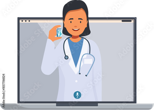 Doctor holding bottle of pills during video call consultation on laptop, providing online medical advice and prescription