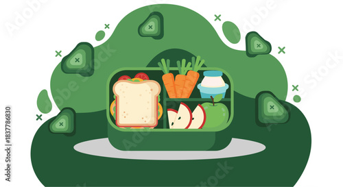 A detailed flat vector illustration of a healthy packed lunch stored inside a segmented green bento box. The meal includes a sandwich, carrots, apple slices, and dip, emphasizing balanced nutrition fo