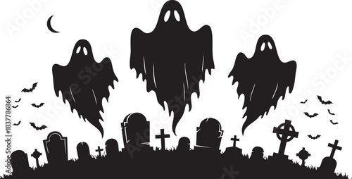 Ghost Family Floating in Graveyard – Spooky Halloween Night Scene