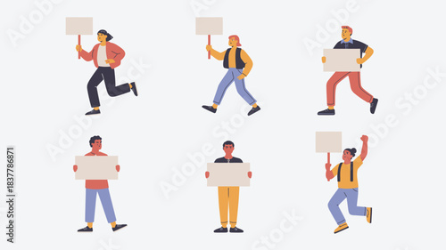 Diverse Group of Cartoon People Protesting with Blank Signs, Marching, and Running for Change