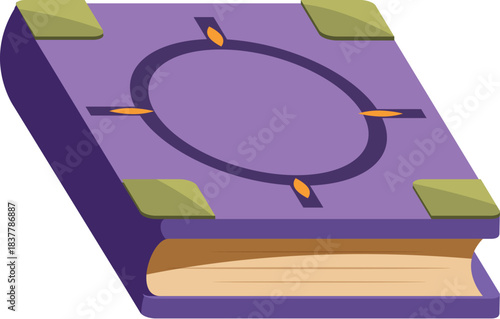 Closed magic book with purple cover, gold corners, and an enigmatic circular symbol, evoking mystery and ancient knowledge