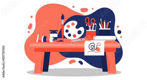 Vibrant flat design illustration showcasing a well-stocked art studio workspace or craft table filled with creative supplies. Tools include a paint palette, brushes, scissors, pencils, and paper, set 