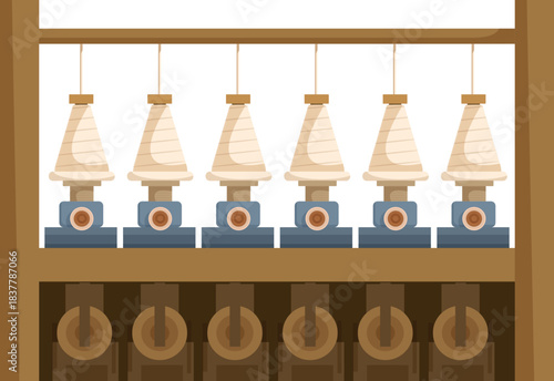 Traditional wooden spinning machine processing multiple thread cones, a historical representation of textile production