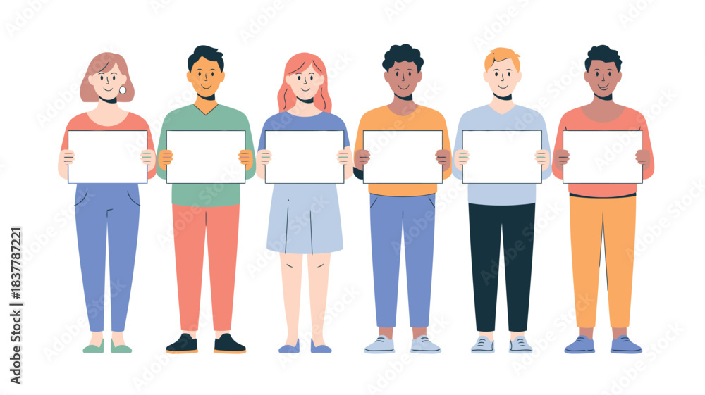 Fototapeta premium Group of People Holding Blank White Signs, Cartoon Style, Standing in a Row