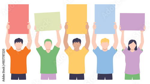 Group of People Holding Colorful Blank Signs Above Their Heads, Ready for Custom Text