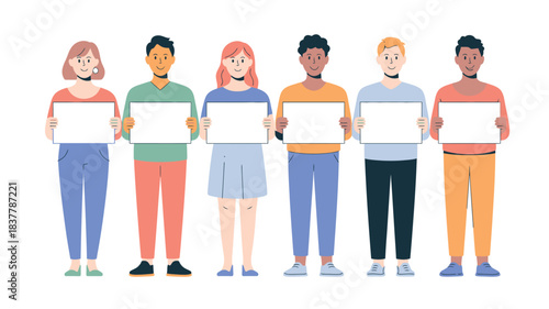 Group of People Holding Blank White Signs, Cartoon Style, Standing in a Row
