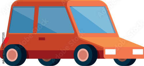 Side view of an orange cartoon car, featuring large windows and a simple design, isolated on a white background