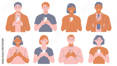 Diverse Group of Smiling People Holding Smartphones, Texting or Browsing Social Media, Isolated on White