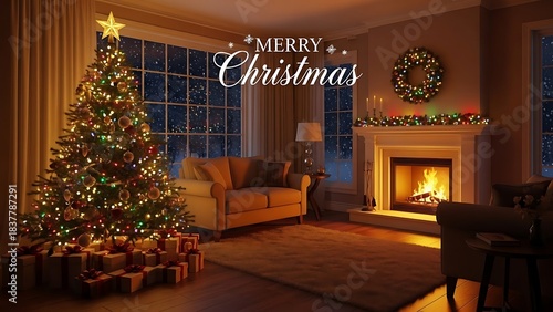 Merry Christmas Text Overlay in Cozy Living Room with Decorated Tree, Fireplace, Gifts & Snow – Festive Holiday JPG