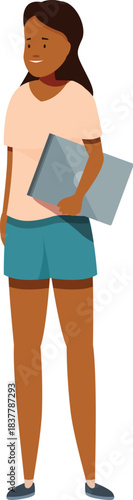 Smiling girl holding laptop, representing freelance, remote work, studying, and modern technology