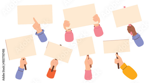 Hands Holding Blank Signs in Protest, Demonstrating with Colorful Clothing on White Background