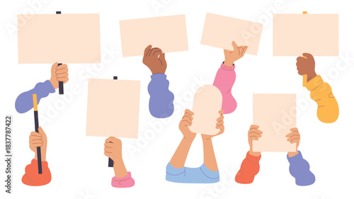 Hands Holding Blank Protest Signs and Posters in the Air, Cartoon Style Illustration