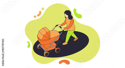 A modern, vibrant isometric vector illustration depicting a mother or caregiver walking while pushing an orange baby stroller or pram. This graphic effectively visualizes concepts related to parenthoo