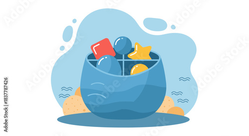 Flat vector illustration of a blue container filled with colorful geometric toy shapes including a star, sphere, and cube, designed for early education and play concepts.