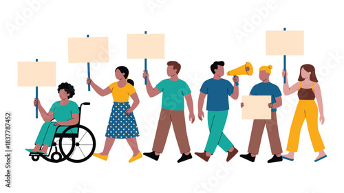 Diverse Group Protesting with Signs and Megaphone, Promoting Equality and Social Justice Rights