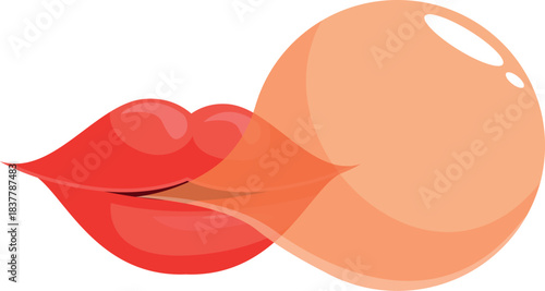 Red lips blowing a big, round chewing gum bubble, symbolizing freshness, fun, and a playful attitude