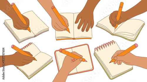 Diverse Hands Writing in Colorful Notebooks with Orange Pens Illustration of Creative Process