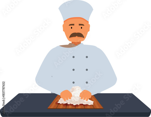 Professional baker kneading dough, showcasing the art of bread making in a commercial kitchen setting