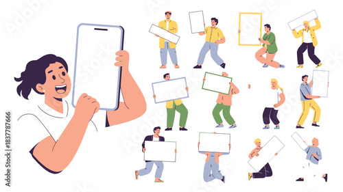 Diverse People Holding Blank Signs and a Woman Displaying a Large Smartphone Screen Illustration